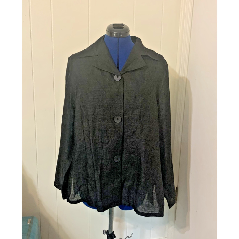 Ann May Women's Blouse Size XL Solid Black 100% Raw Silk Semi Sheer Lagenlook